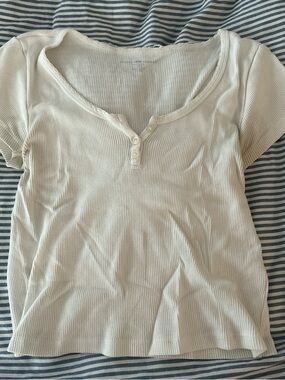 Brandy Melville Cream Ribbed Henley Short Sleeve Top